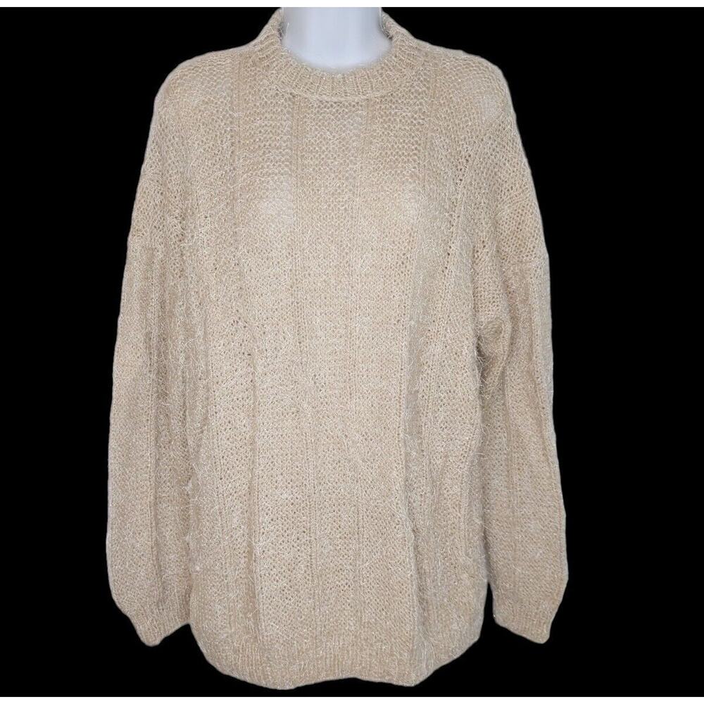 Women's M/L Hand Knit Handmade Pullover Sweater Beige Eyelash Cable Mock Neck
